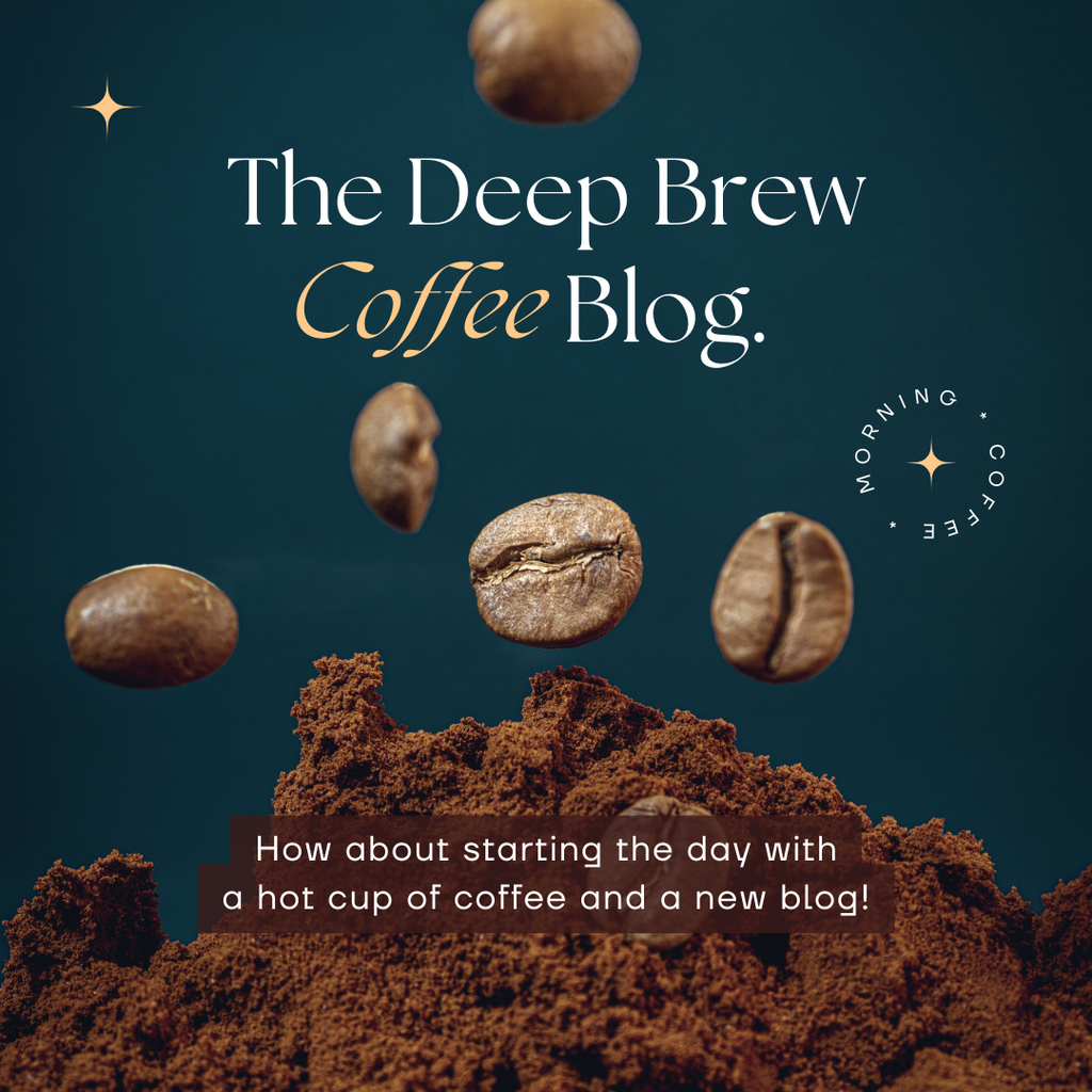 coffee beans falling onto coffee grounds with a deep blue backgrounds with the title The Deep Brew Coffee Blog